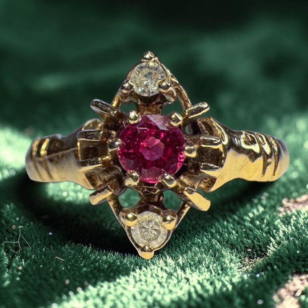 ANTIQUE 14K Gold- Natural Burmese Ruby & Diamond Ring - Sz 5.75 -Victorian -2.1g